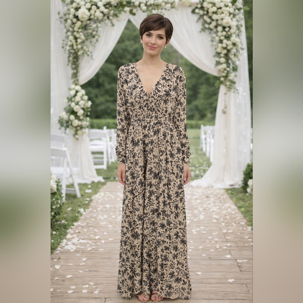 Eywol Chic Black/ Cream Metallic Gold V Neck Maxi Dress Size L